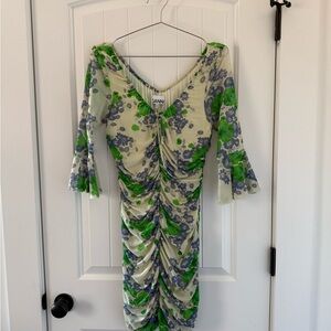 Ganni Ruched Floral Midi Dress (Green + Slate on Cream)